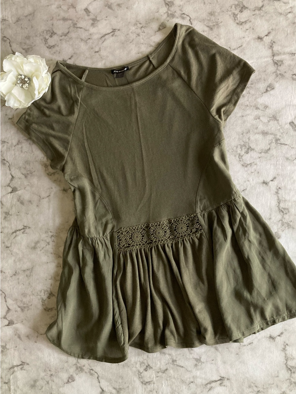 Olive Crochet Trim Peplum Tee - Women's Top NWT